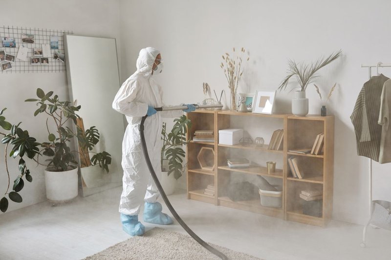 Pest control technician fogging a living room during a treatment