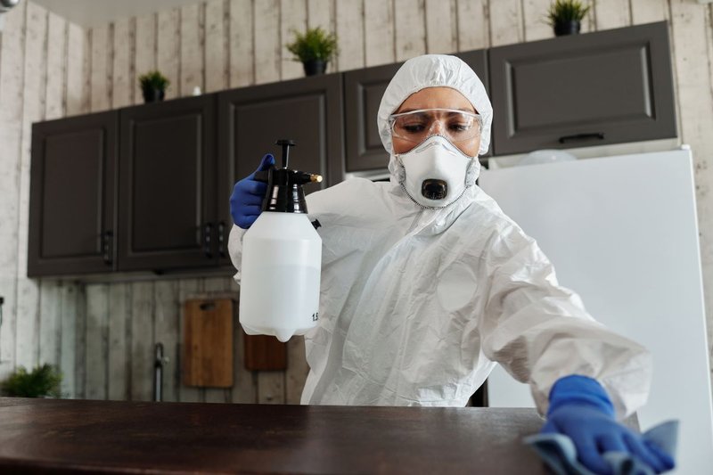 Pest control technician spraying treatment in a kitchen